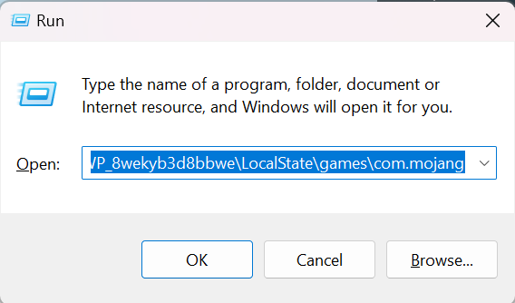 Run Dialog with Minecraft com.mojang Path