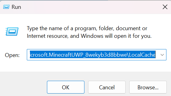 Run Dialog with Minecraft LocalCache path